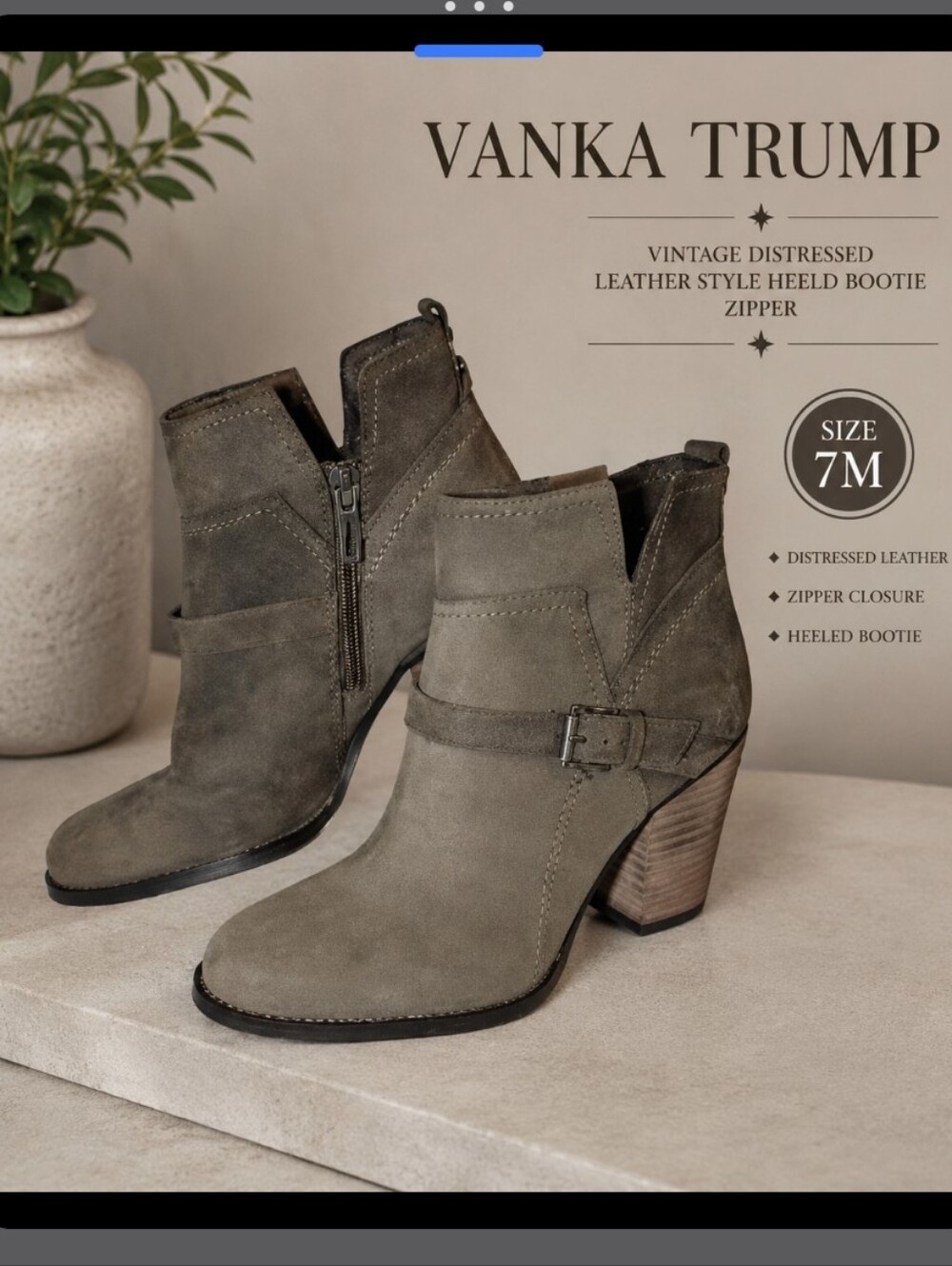 VANKA TRUMP Vintage Distressed Leather Style Heeled Bootie Zipper 7M